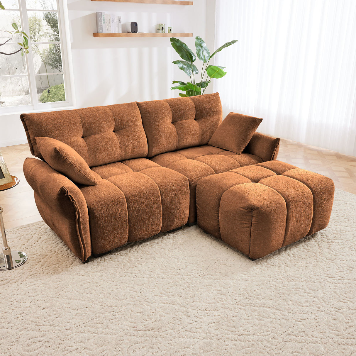 Elegant Sofa Set With Ottoman And Pillows, Textured Chenille, High Resilience Cushions
