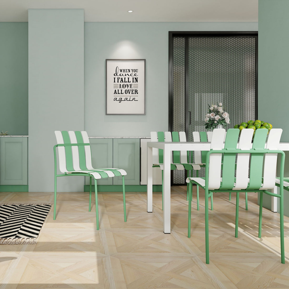 4 Piece Set Of Single Chairs With Modern Color Blocking Design, UV Resistant And Rust Proof - Haze Green / White