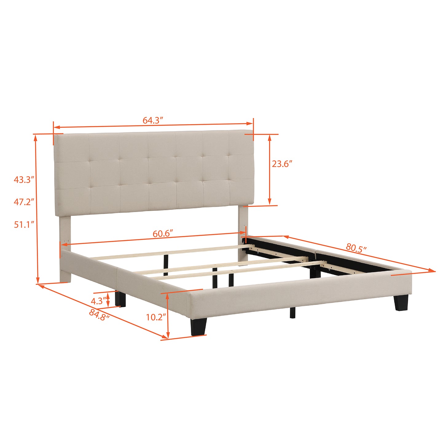 Upholstered Platform Bed with Tufted Headboard, Box Spring Needed, Beige Linen Fabric, Queen Size