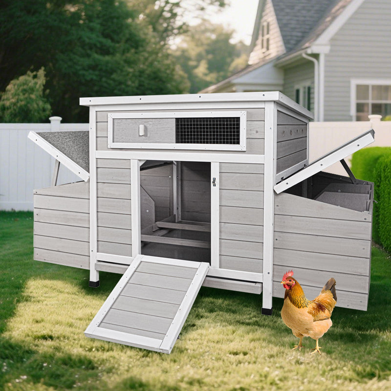Large Chicken Coop Outdoor Hen House With 2 Sides Nesting Boxes - Gray / White Matte