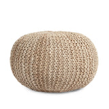 Handmade Jute Pouf With Cable Knit Pattern - Natural