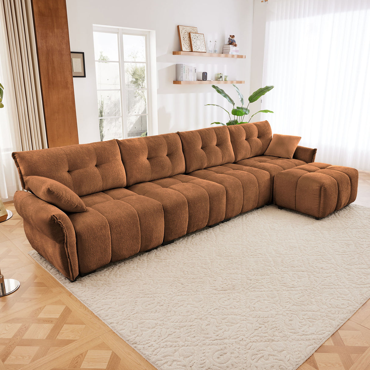 Elegant Sofa Set With Ottoman And Pillows, Textured Chenille, High Resilience Cushions