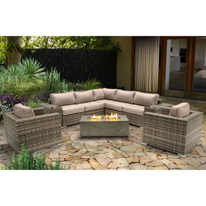 Rattan Wicker Patio Set With Cushions And Concrete Fire Pit