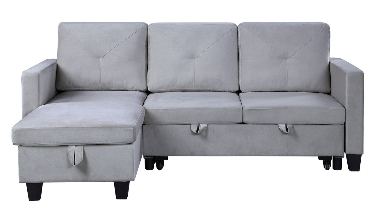 Nova 82.5" Light Gray Velvet Reversible Sleeper Sectional Sofa with Storage Chaise