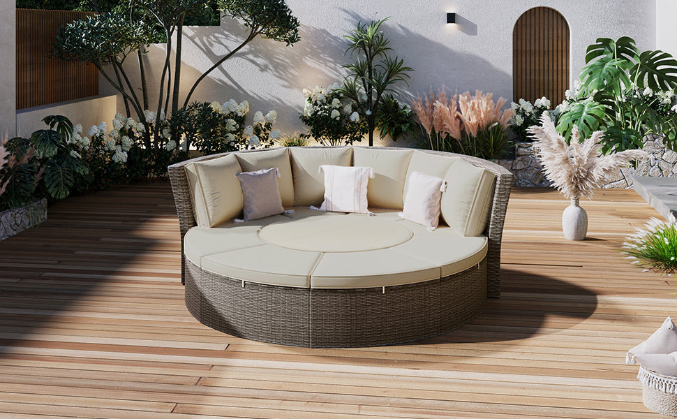 TOPMAX Patio 5-Piece Round Rattan Sectional Sofa Set All-Weather PE Wicker Sunbed Daybed with Round Liftable Table and Washable Cushions for Outdoor Backyard Poolside, Gray