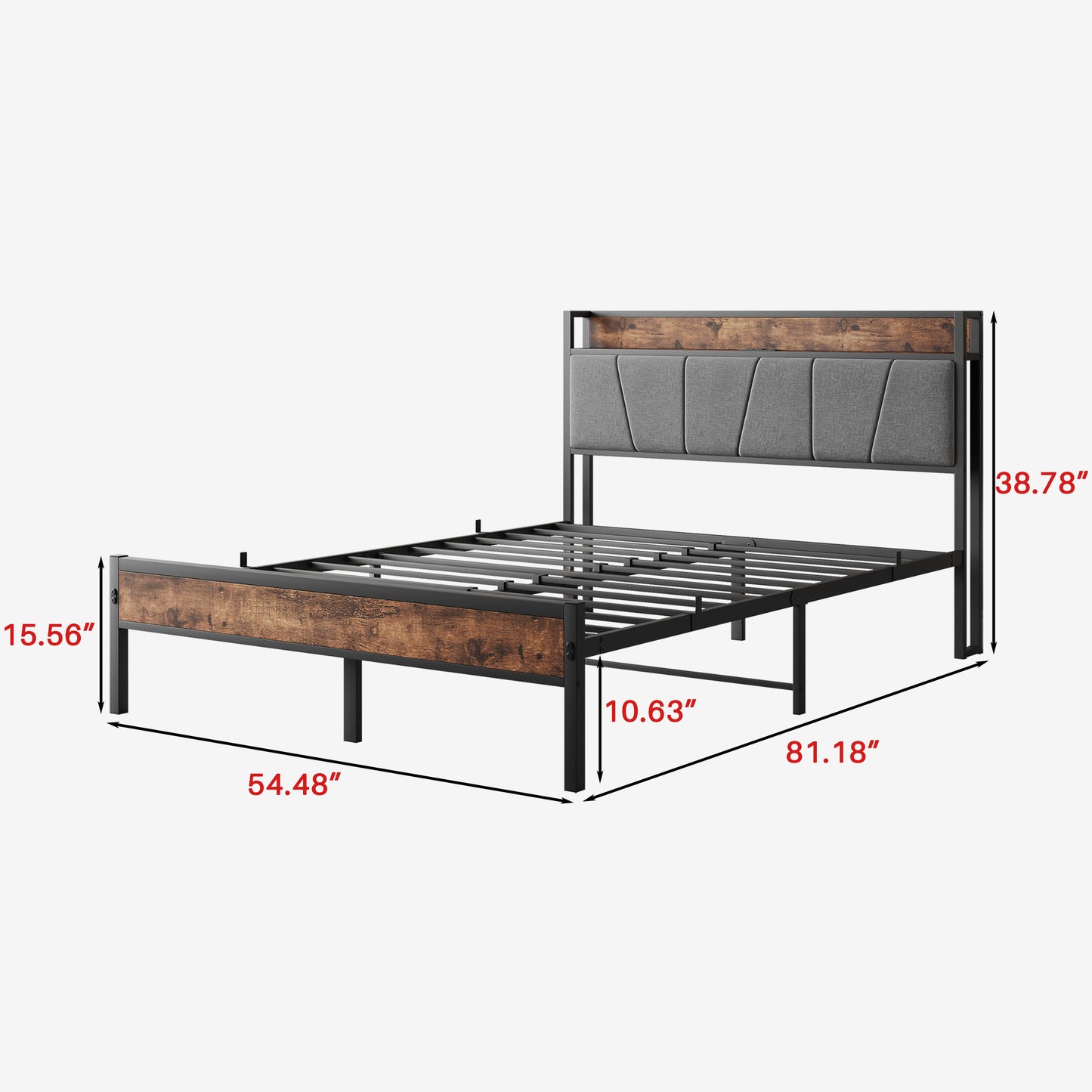 Full Size Bed Frame, Storage Headboard with Charging Station, Solid and Stable, Noise Free, No Box Spring Needed, Easy Assembly,Vintage Brown and Gray