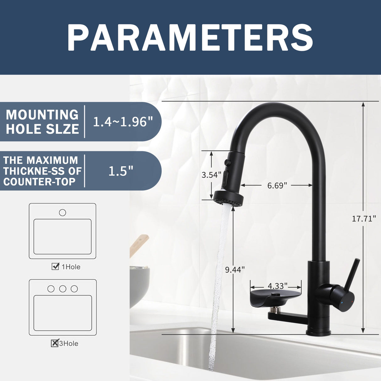 3 In 1 Kitchen Faucet With Press Type Glass Rinser, High Arc Pull Down Sprayer