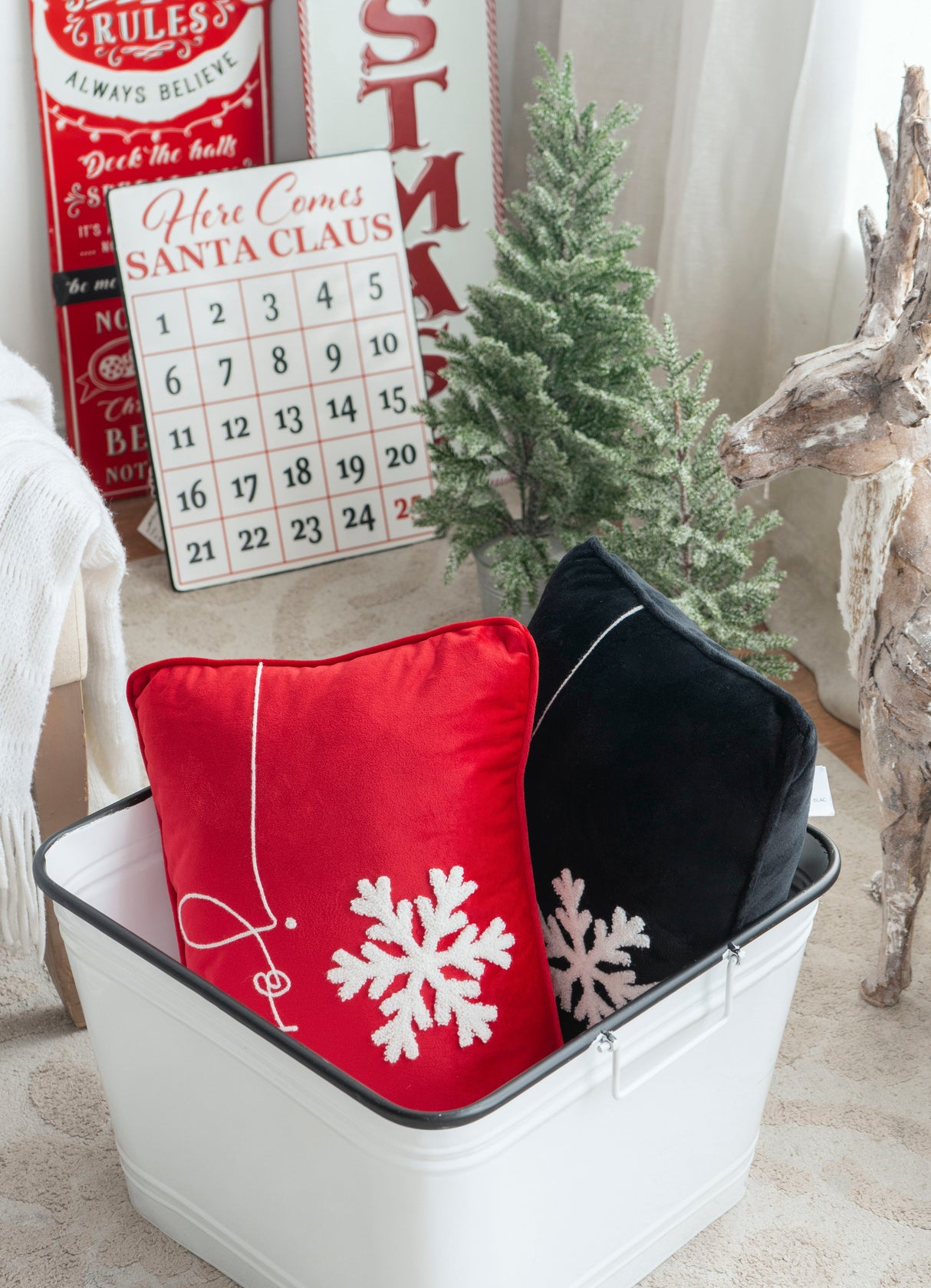 Velvet Pillow With Embroidered Joy And Frosty Snowflake, For Christmas Halloween Holiday Decor (Set of 2) - Black / Red