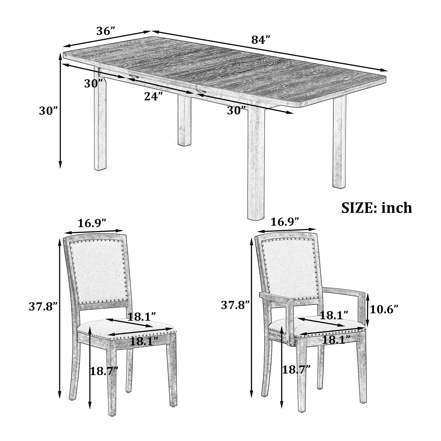 TOPMAX Rustic Extendable 84inch Dining Table Set with 24inch Removable Leaf , 6 Upholstered Armless Dining Chairs and 2 Padded Arm Chairs, 9 Pieces, Natural