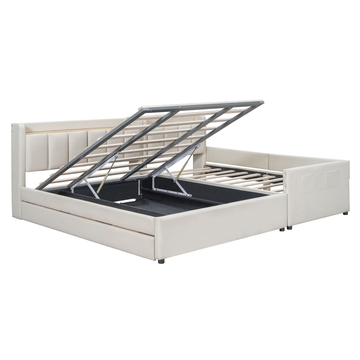Upholstered Mother & Child Bed With Hydraulic Storage System, Drawer Box, Bedhead Storage Shelf And 2 Pairs Of Sockets & USB Ports