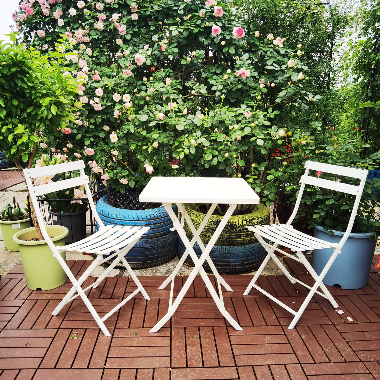 3 Piece Patio Bistro Set Of Foldable Square Table And Chairs