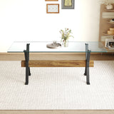 Elegant Tempered Glass Dining Table With X Shaped Metal Legs And Wood Grain Crossbeam - Black / Transparent