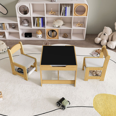 3 In 1 Kids Study Table & Chairs Set Multi Functional Activity Table With Detachable Blackboard Top - Natural Wood