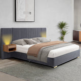 Upholstered Bed Frame Of Velvet Tufted Headboard With Floating Nightstand LED / USB Built