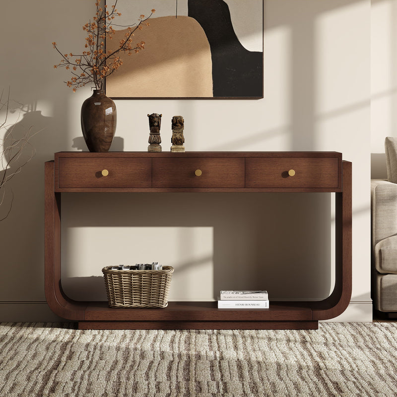 Console Table With 3 Drawers, Display Shelf, Curved Legs - Walnut