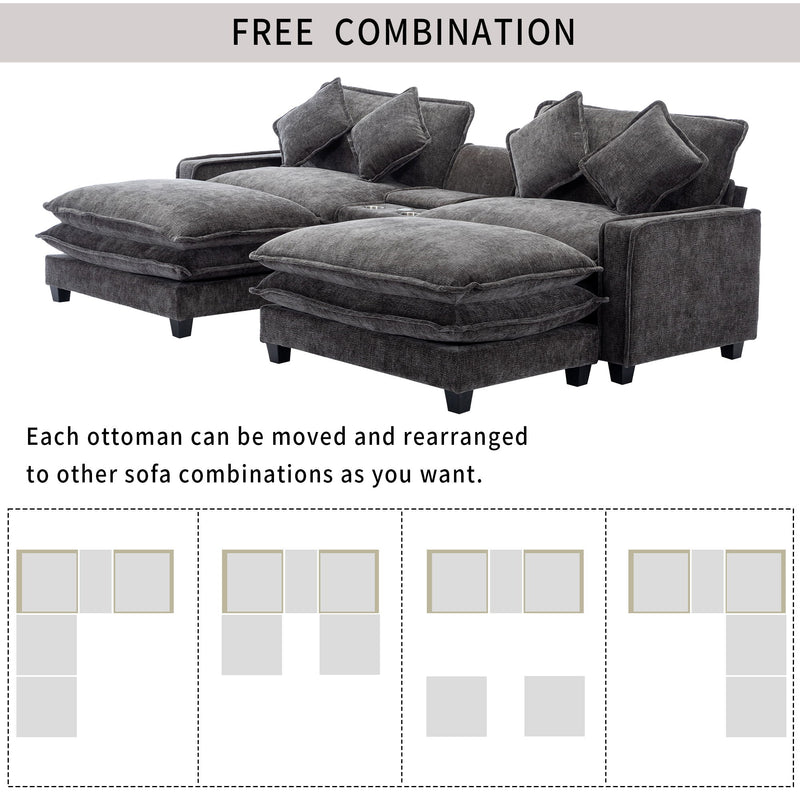 Sectional Sofa Upholstered Sofa With Two Removable Ottoman, Two USB Ports, Two Cup Holders And Large Storage Box For Living Room