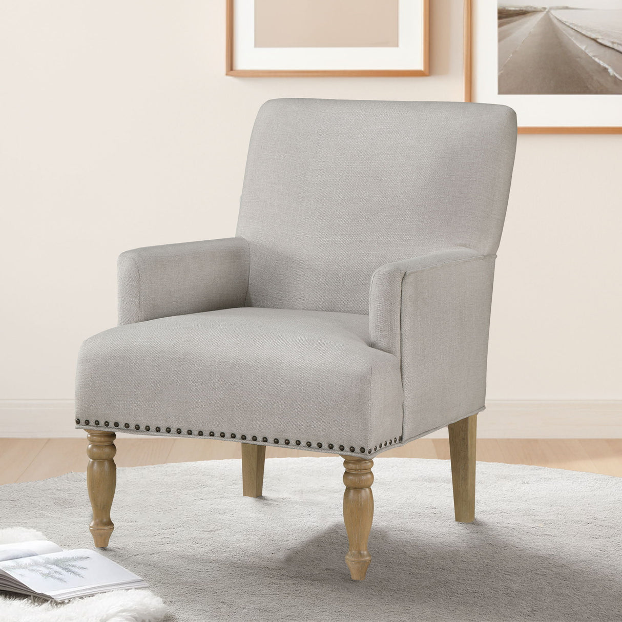 Alice - Upholstered Arm Chair With Pecan Legs And Antique Brass Nailheads - Beige