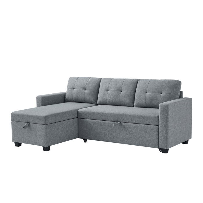 Upholstered Pull Out Sectional Sofa with Storage Chaise, Convertible Corner Couch, Light Grey