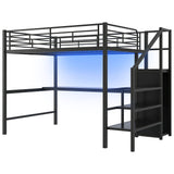 Full Size Loft Bed With Desk, Storage Staircase, Small Wardrobe And LED Light - Black