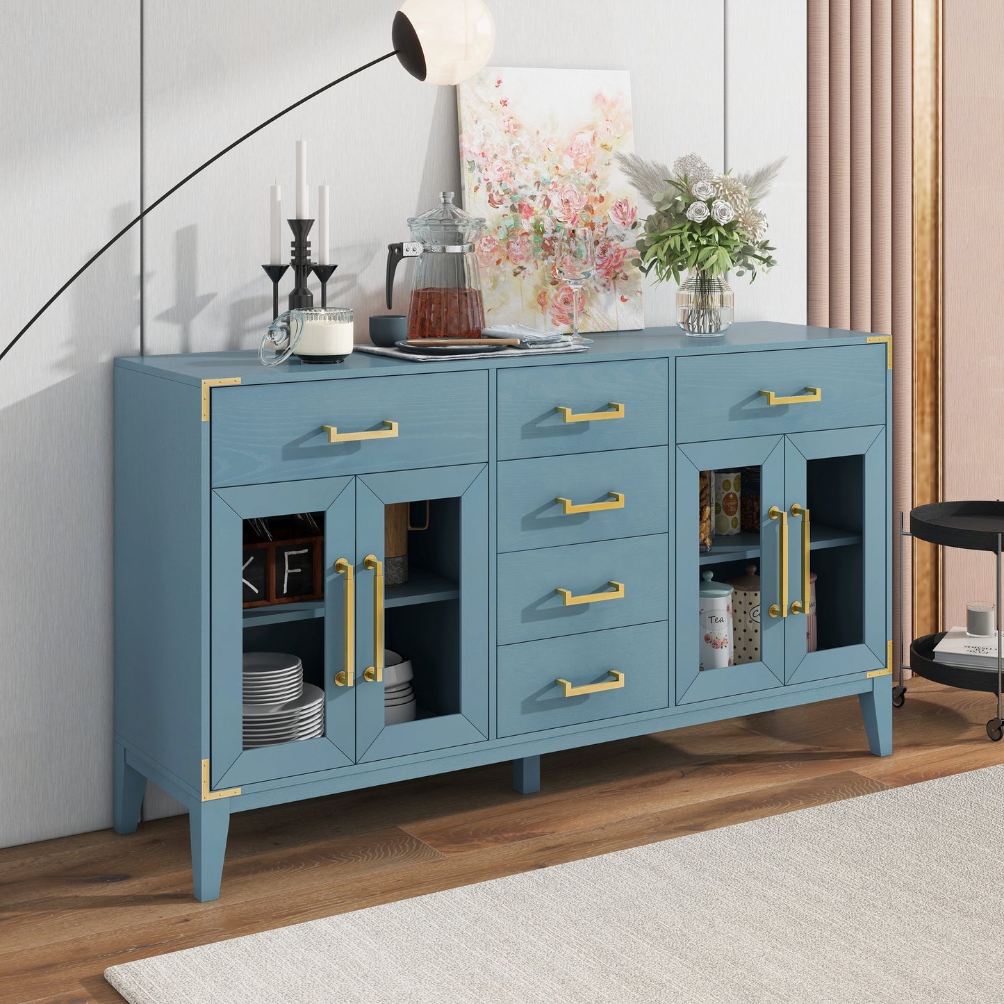 TREXM 6-drawer and 2-Cabinet Retro Sideboard with Extra Large Storage Space, with Gold Handles and Solid Wood Legs, for Kitchen and Living Room (Antique Blue)