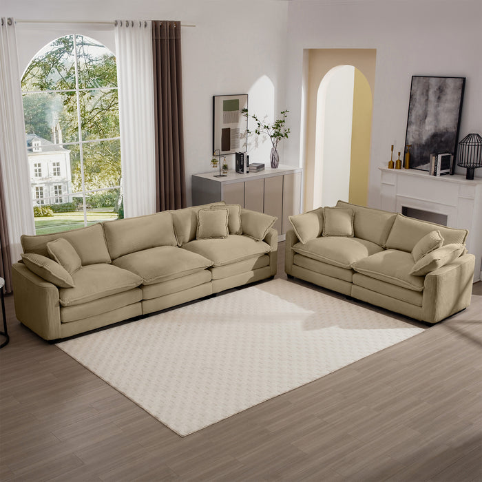 Modern Fabric Living Room Sofa Two Piece Set, Two 2-Seater Sofas with 8 Cushion Upholstery Large Deep Seat Recliner, Tan Corduroy Fabric