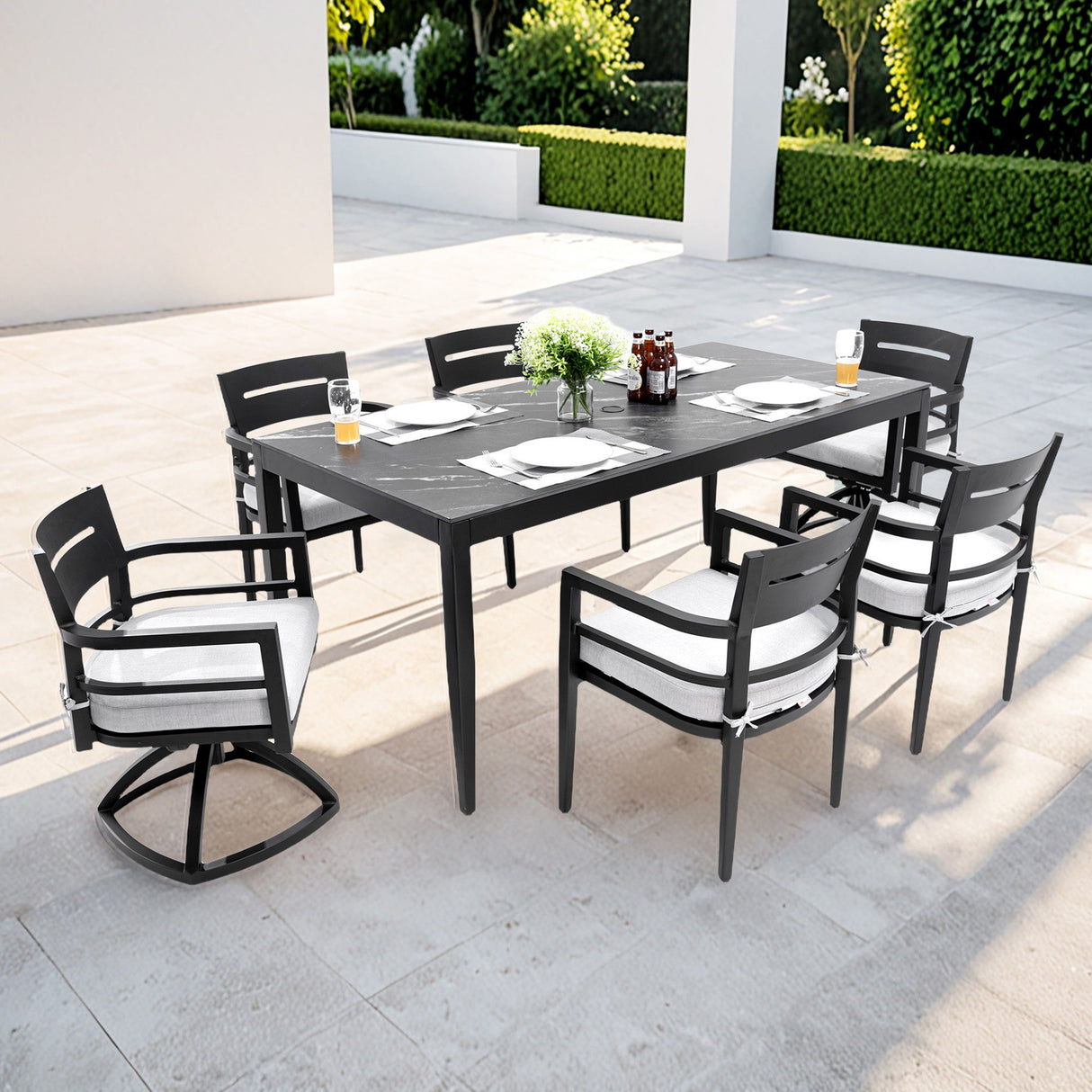 7 Pieces Modern Outdoor Patio Dining Set, Rectangular Table, 4 Chairs & 2 Swivel Rockers, Sunbrella Cushions - Ember Black