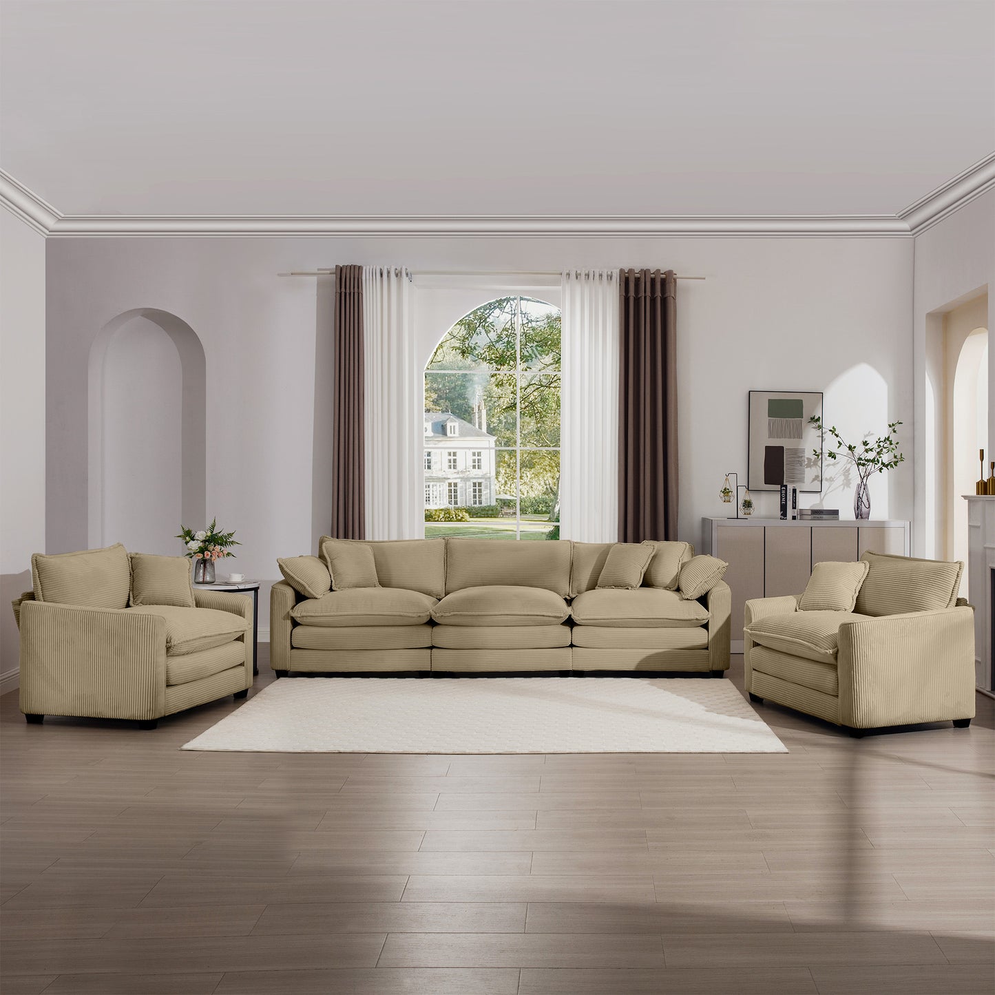 Luxurious and Sophisticated Sofa Set with Soft Cushions and Pillows, Home for Living Rooms and Clubs as well as Home Theaters, Consisting of Two Single Sofas and a 3-Seater Sofas in Tan Corduroy Fabri