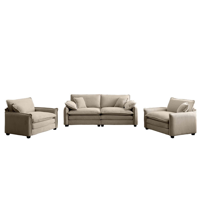 Luxurious and Sophisticated Sofa Set with Soft Cushions and Pillows, Sofa Set for Living Rooms and Clubs as well as Home Theaters, Consisting of Two Single Sofas and a 2-Seaters  Sofas in Tan Corduroy