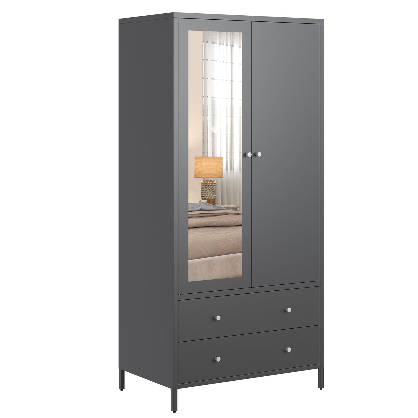 Metal Armoire Wardrobe Closet with 2 Drawers, Mirror Door and Hanging Rod, Metal Clothing Storage Cabinet, Garment Organizer with Magnetic Door - Dark Grey