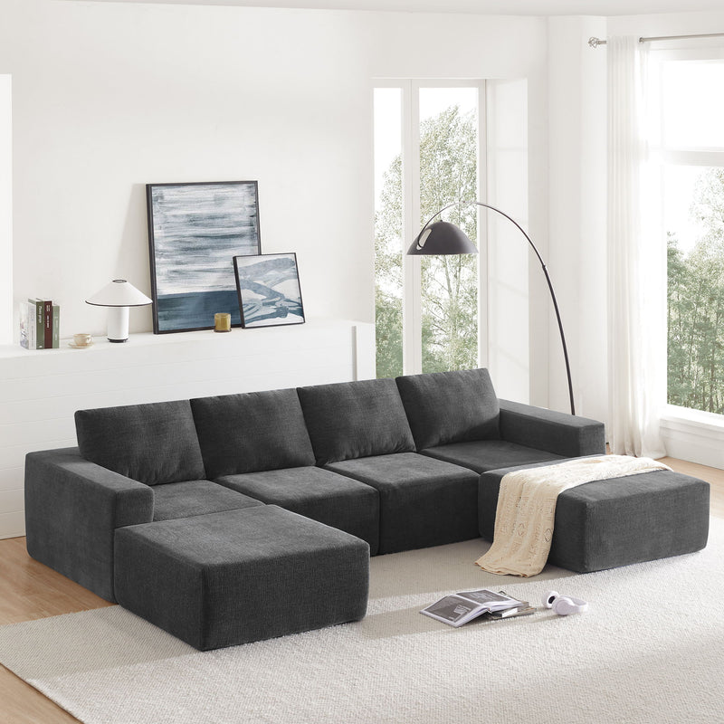 Modular U Shaped Sectional With Ottomans, Luxury Cloud Floor Couch With Deep Seat Fully Compressed Upholstered Sofa