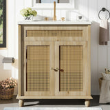 Bathroom Vanity With Handwoven Rattan Doors, Resin Basin - Natural Wood