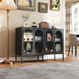 Modern Metal Sideboard Cabinet With 4 Glass Doors, Steel Kitchen Storage And Coffee Bar Cabinet - Black