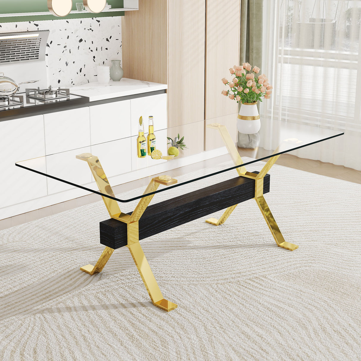 Modern Tempered Glass Dining Table With Metal Legs And Crossbars - Transparent