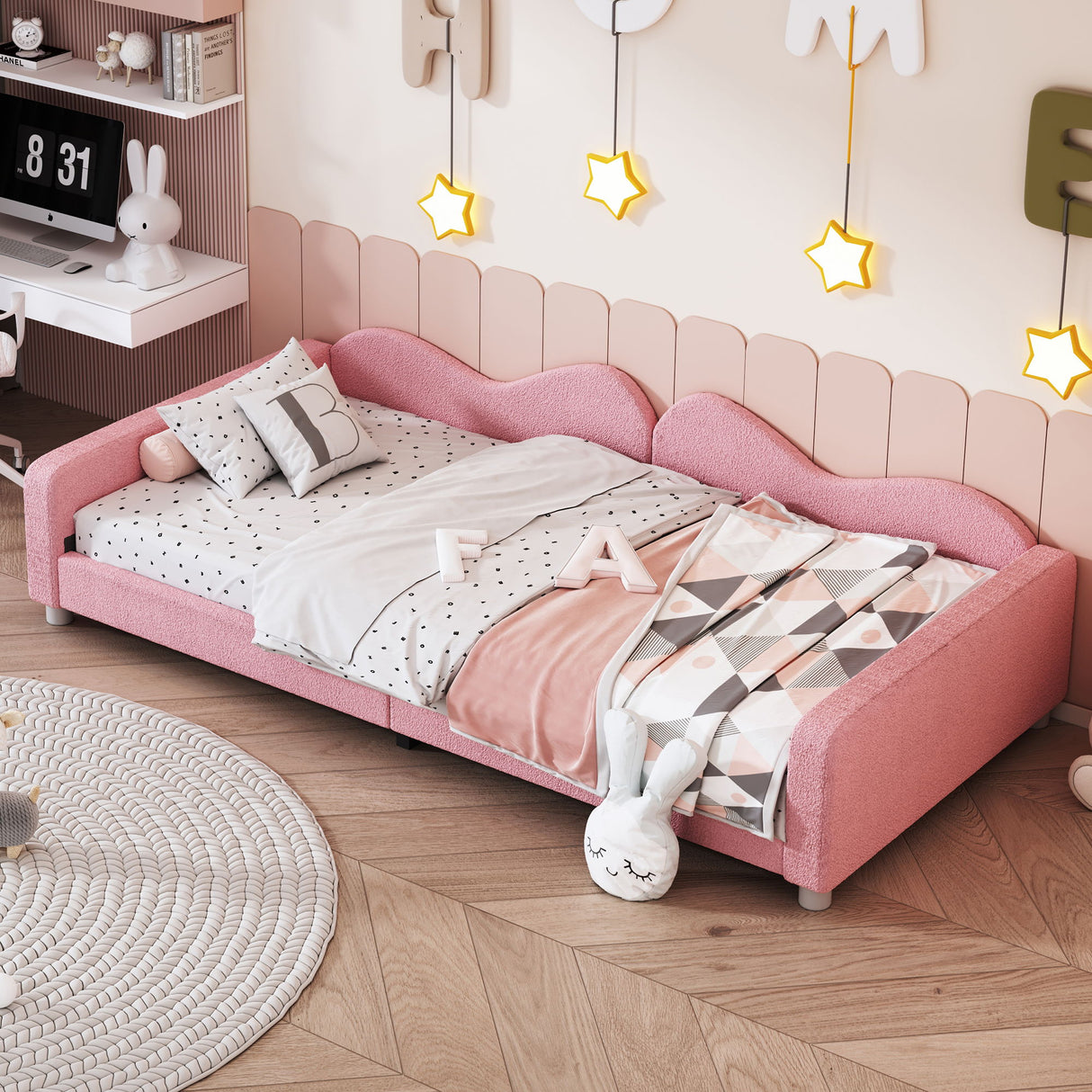Upholstered Daybed, Sherpa Fabric Sofabed With Cloud-Shaped Backrest