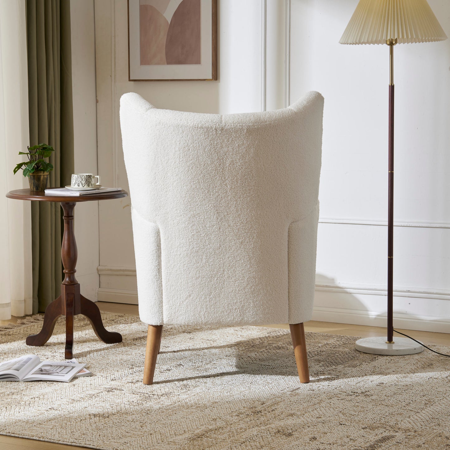 Mid-Century Ivory White High Back Accent/Club Chair with Thick Cushion, Modern Armchair with Round Arm and Birch Wood Legs, Teddy Wool Fabric, for Living Room, Office, Balcony, Bedroom and Study Room