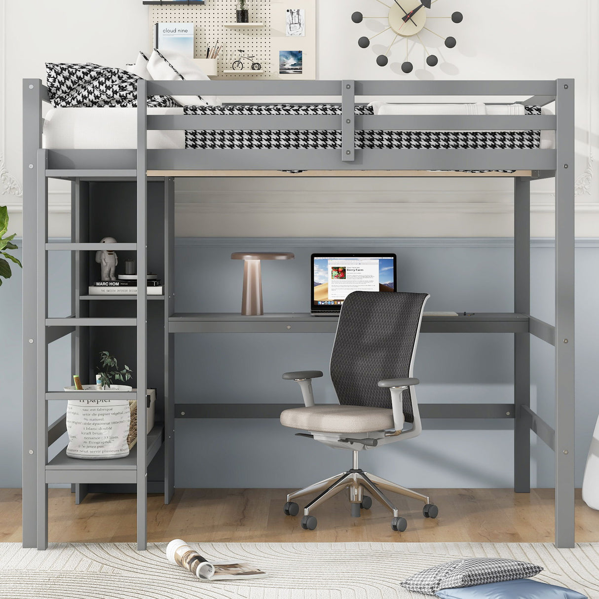 Loft Bed With Built In Desk And Multifunction Shelves