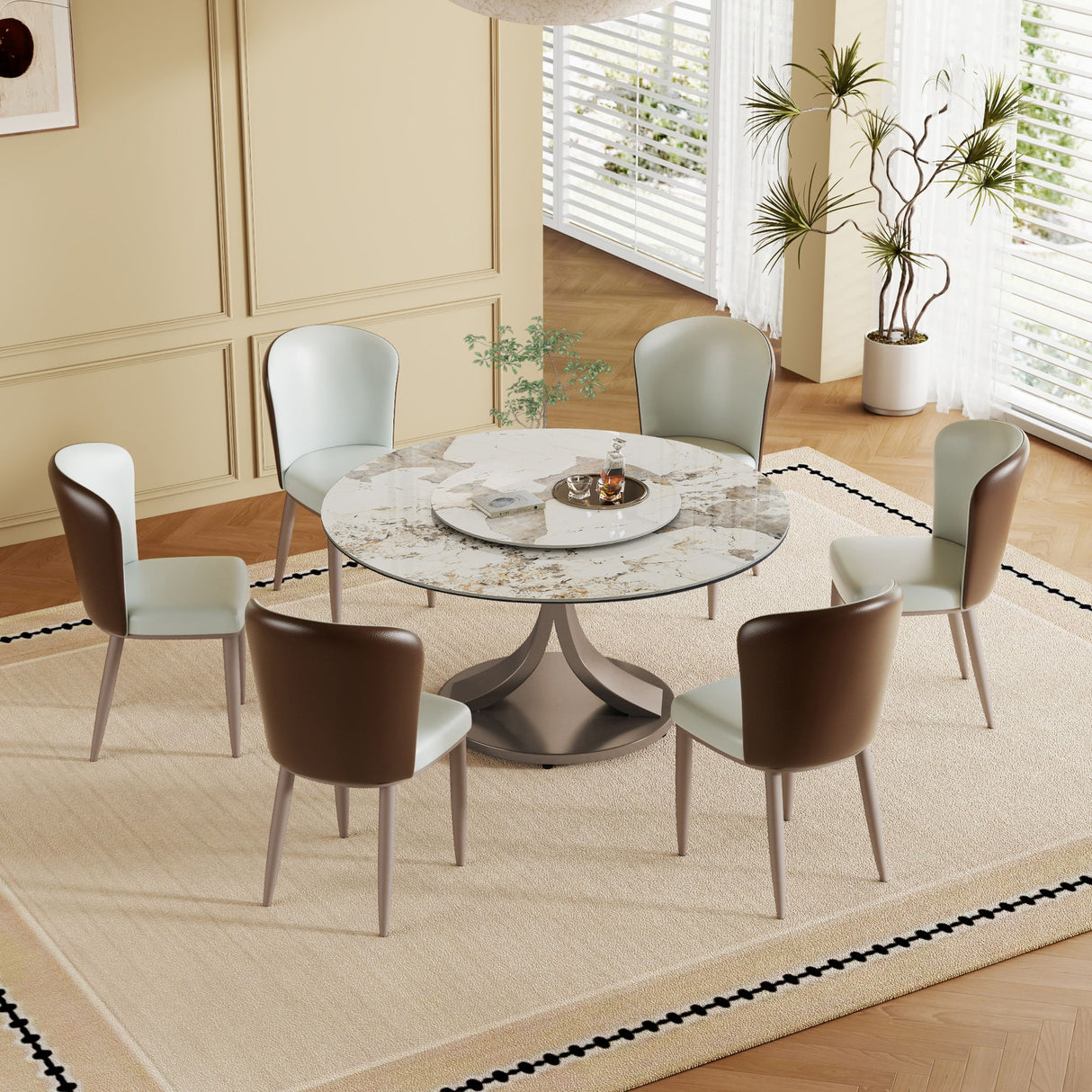 Modern Round Dining Table With 360° Rotating Lazy Susan Scratch & Chairs