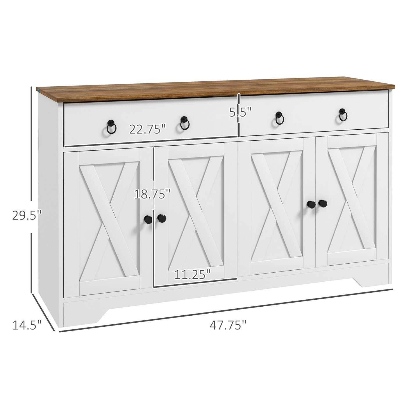 HOMCOM Sideboard, Buffet Cabinet with 2 Drawers, 2Storage Cabinets, 4 Barn-Style Doors and Adjustable Shelves, Farmhouse Buffet Table with Storage, Wood Grain Top, White