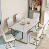 Modern Dining Table Set For 6 Faux Marble Kitchen Table Set With 6 Upholstered Dining Chairs, 7 Piece - White / Golden