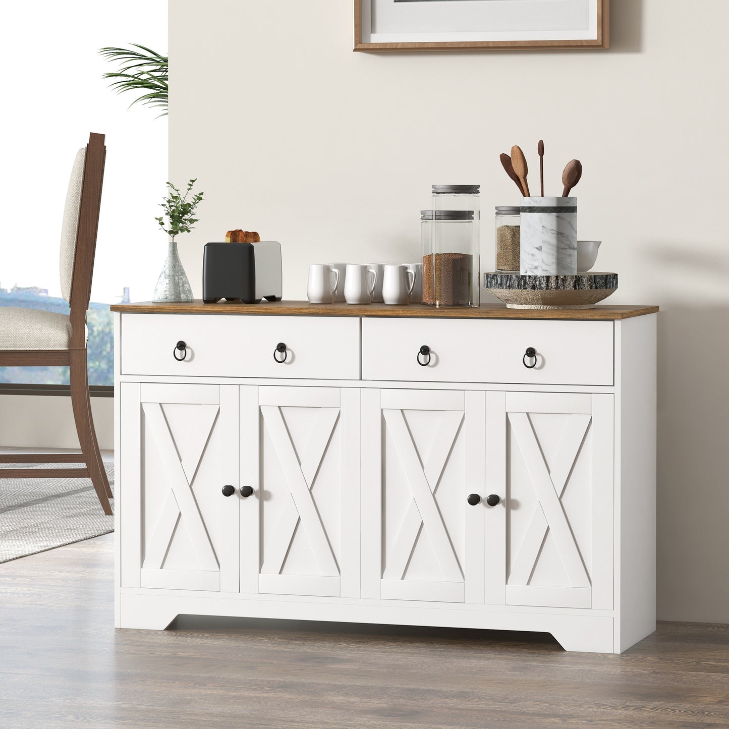 HOMCOM Sideboard, Buffet Cabinet with 2 Drawers, 2Storage Cabinets, 4 Barn-Style Doors and Adjustable Shelves, Farmhouse Buffet Table with Storage, Wood Grain Top, White