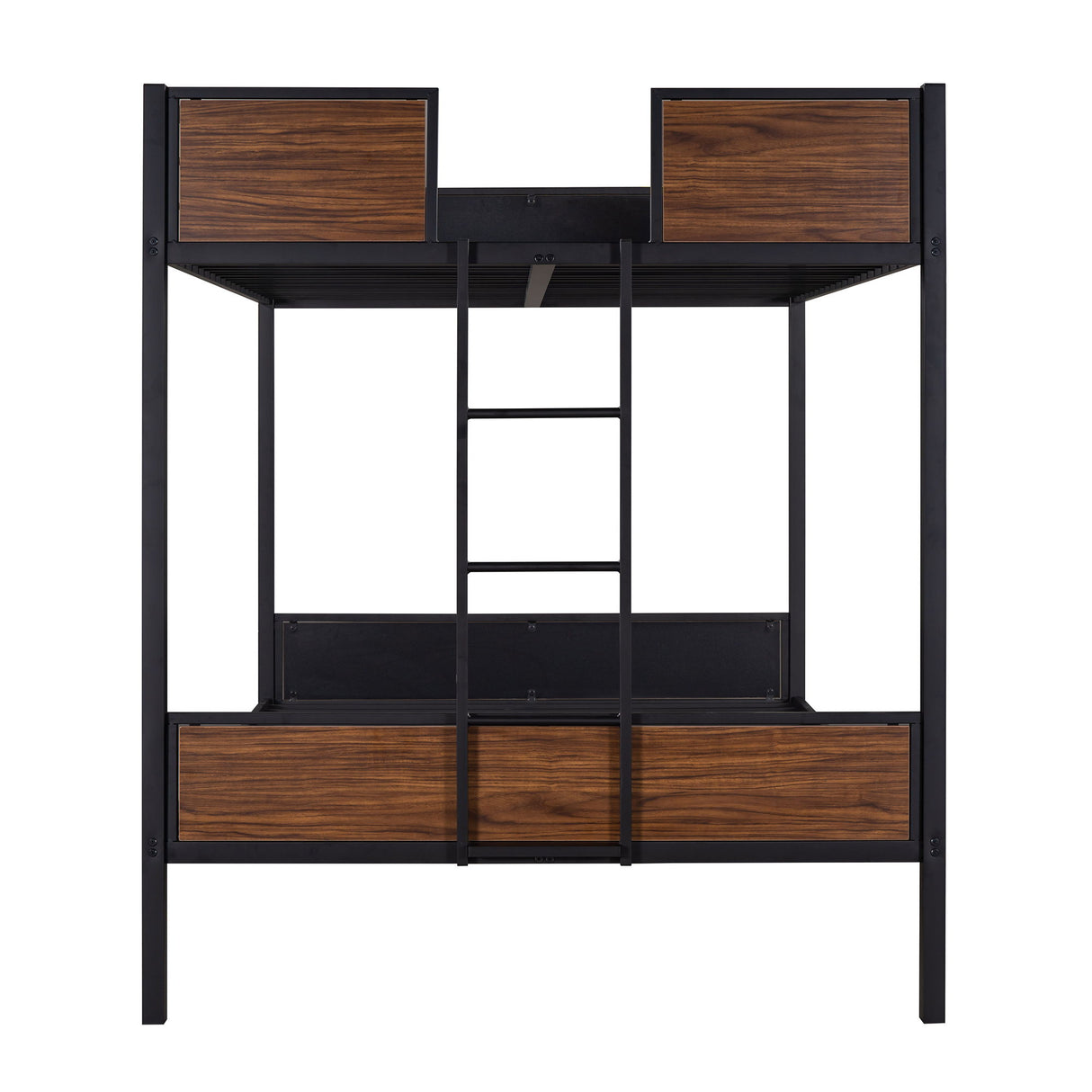 Full Over Full Bunk Bed Modern Style Steel Frame Bunk Bed With Safety Rail, Built-In Ladder For Bedroom - Brown