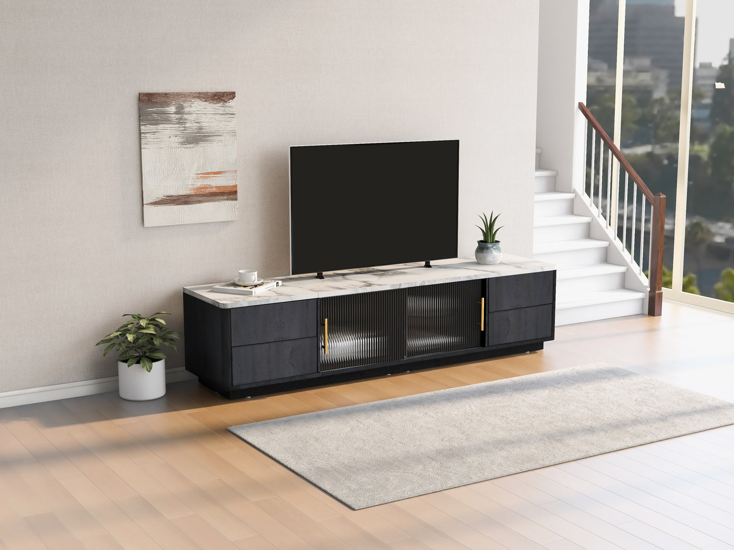 Modern TV Stand for 70'' TV with 4 Drawers, Media Console Table, Entertainment Center with Large Storage Cabinet for Living Room, Bedroom