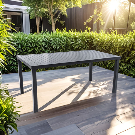 Modern Rectangular Outdoor Patio Dining Table With Post Leg Design, Rust Free & Weather Resistant, Adjustable Foot Pads, Umbrella Hole With Matching Cover - Ember Black