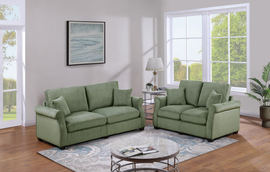 Classic Living Room 2pc Sofa Set Sage Color Corduroy Sofa Loveseat w Pillows Square Arms Plush Couch