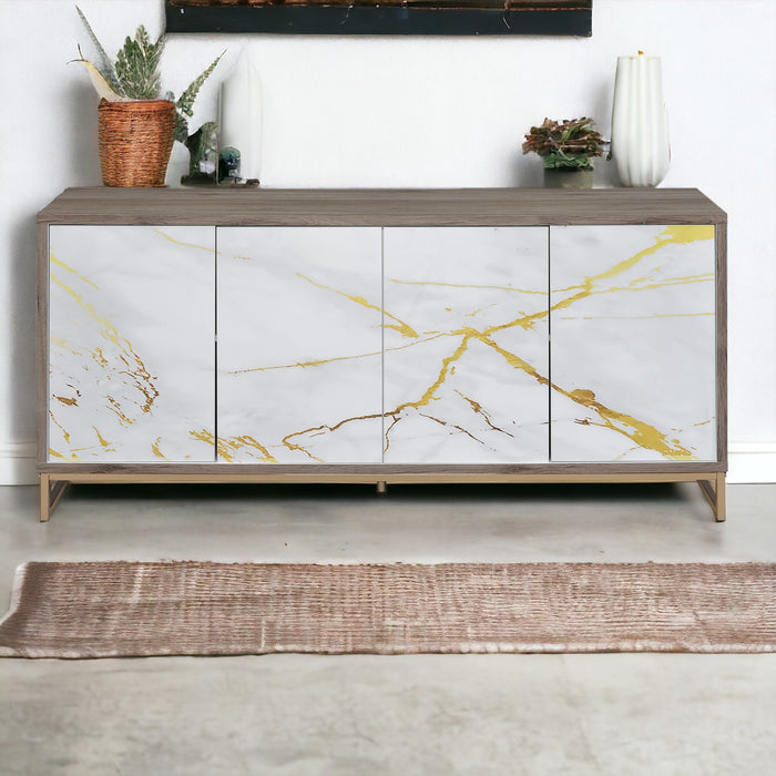 ACME Paavan Console Cabinet, White Marble Paint, Oak & Champagne AC02343