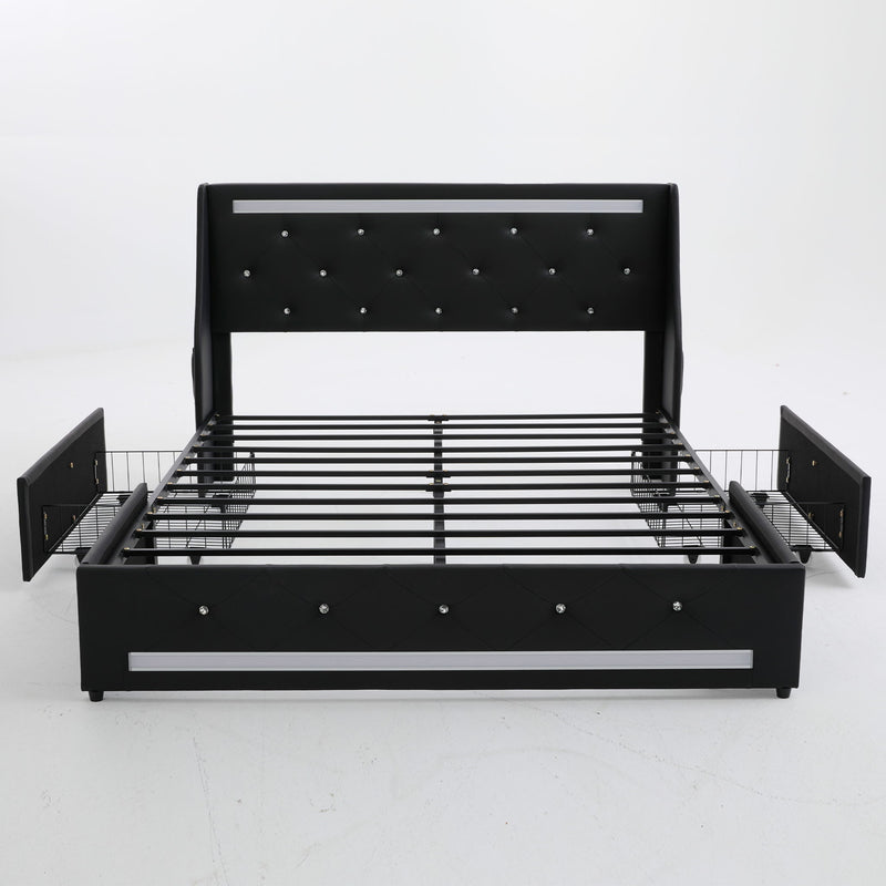 Wingback Upholstered Bed Frame With LED Lights, Charging Station
