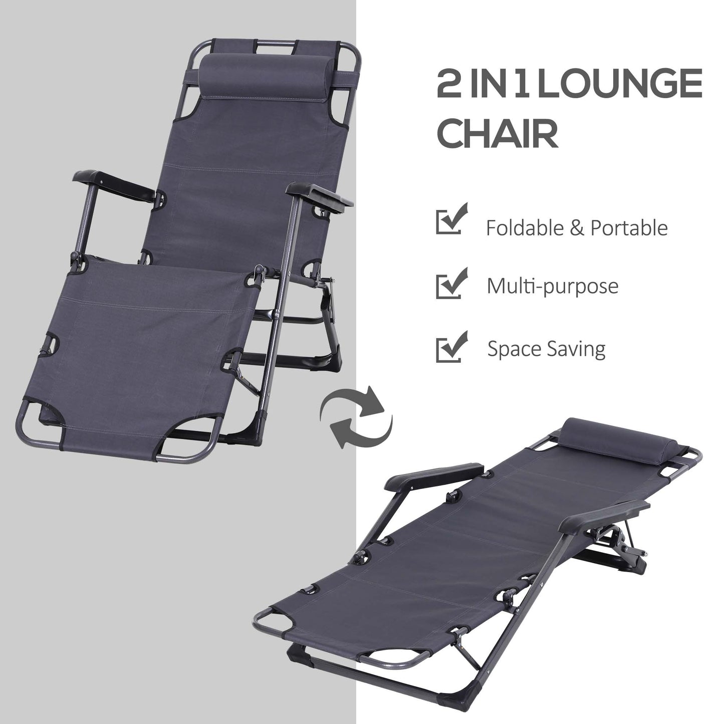 Outsunny Folding Chaise Lounge Chair for Outside, 2-in-1 Tanning Chair with Pillow & Pocket, Adjustable Pool Chair for Beach, Patio, Lawn, Deck, Gray