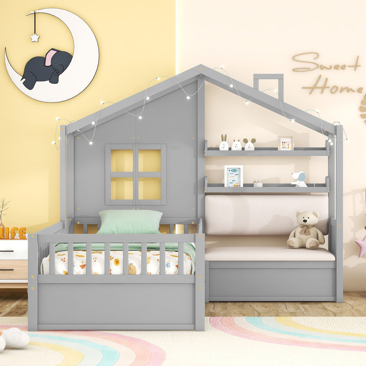 House Bed With Sofa, Kids Platform Bed With 2 Drawers And Storage Shelf