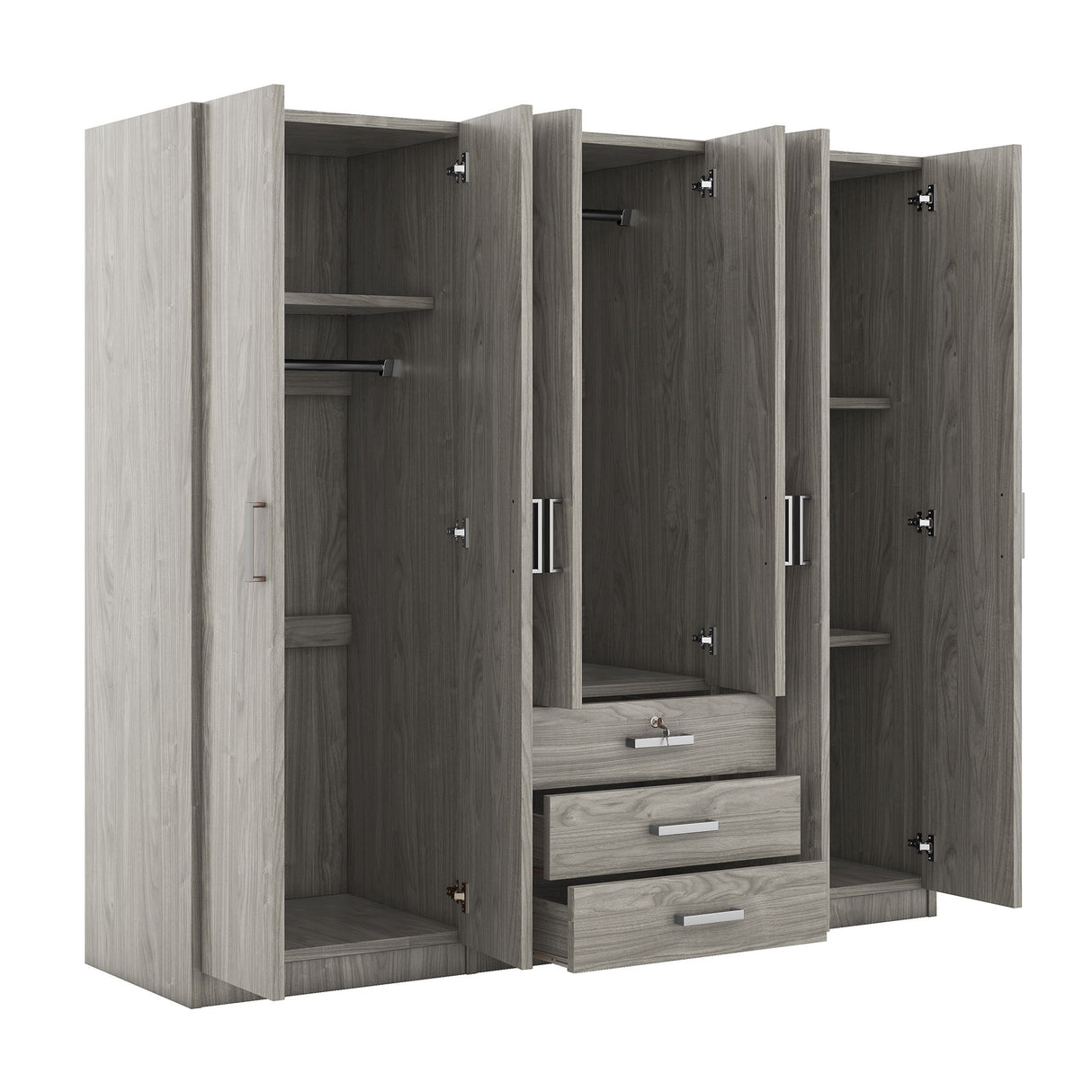 6 Doors Wardrobe Storage For Bedroom, With Big Drawers - Gray