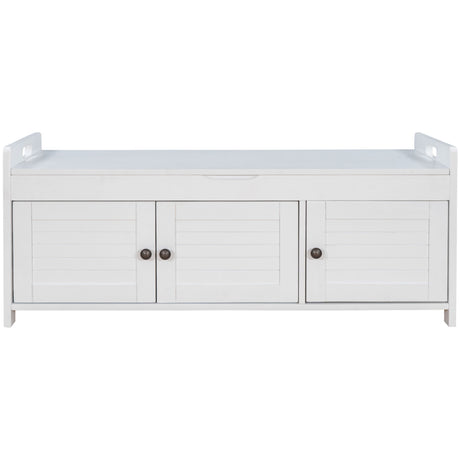 Storage Bench With 3 Shutter-Shaped Doors, Shoe Bench With Removable Cushion And Hidden Storage Space